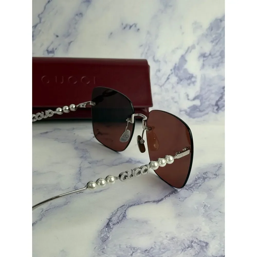 NEW Gucci GG1923SA Silver Red Square Pearl Sunglasses
